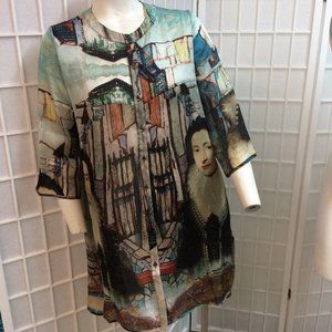 One of a kind print silk tunic/top, S-M